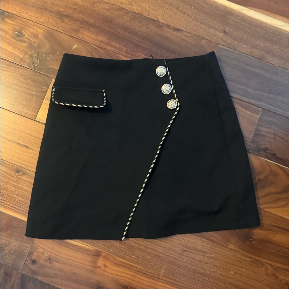 J.ing Inaya Black Asymmetrical Mini Skirt with Built-in Shorts and Gold Accents - Picture 6 of 6